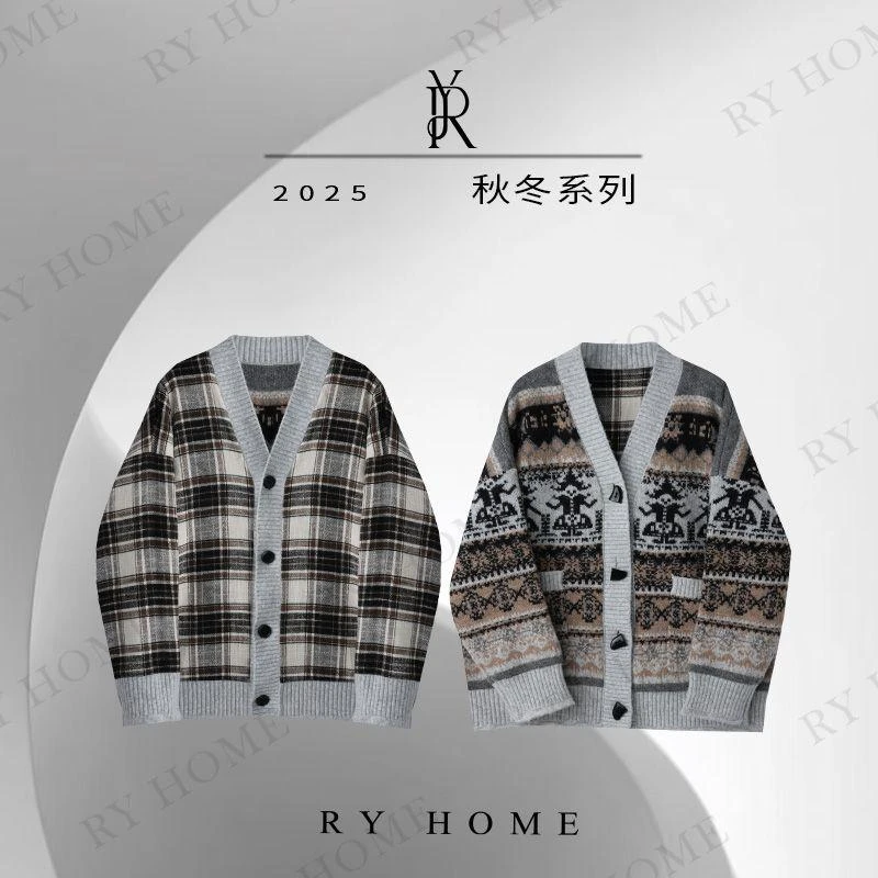 【容雨RYHOME】羊毛混纺V领复古格纹提花两面穿毛衣外套253W2658
