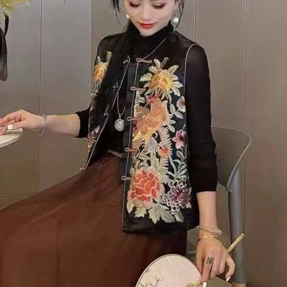 非遗刺绣凤穿牡丹新中式国风开衫短款马甲2025款百搭外穿坎肩382