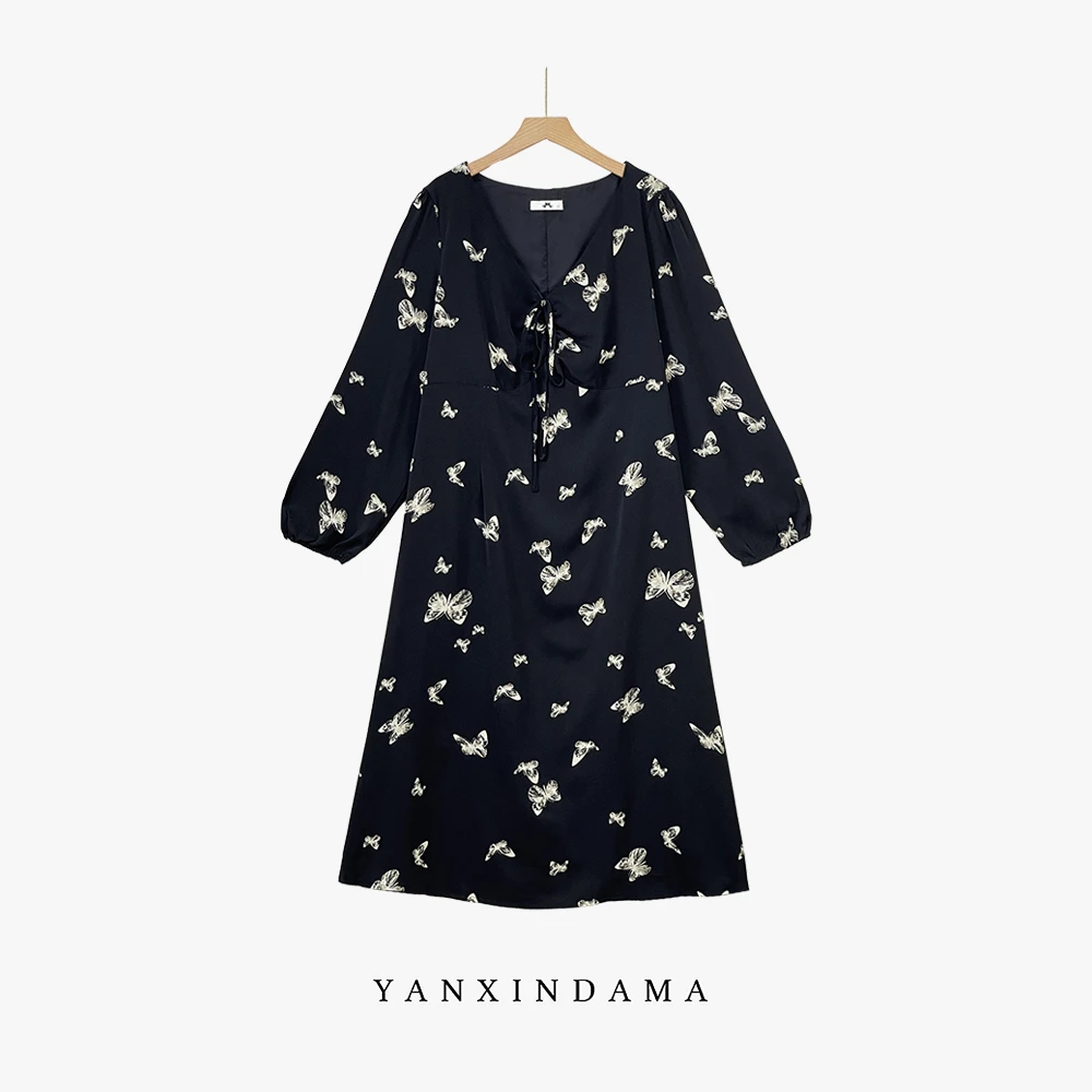 大码女装300斤胖MM时尚蝴蝶印花V领长袖连衣裙66619