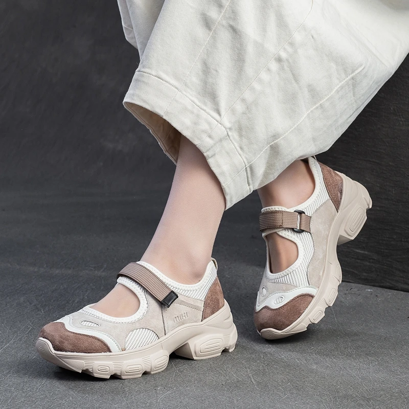 春夏真皮网面透气复古休闲鞋防滑厚底女鞋轻便单鞋玛丽珍鞋65589