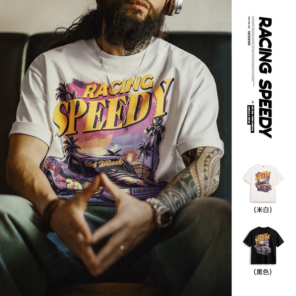 马登工装美式复古白色大印花T恤高街潮流纯棉艺术宽松短袖男夏季