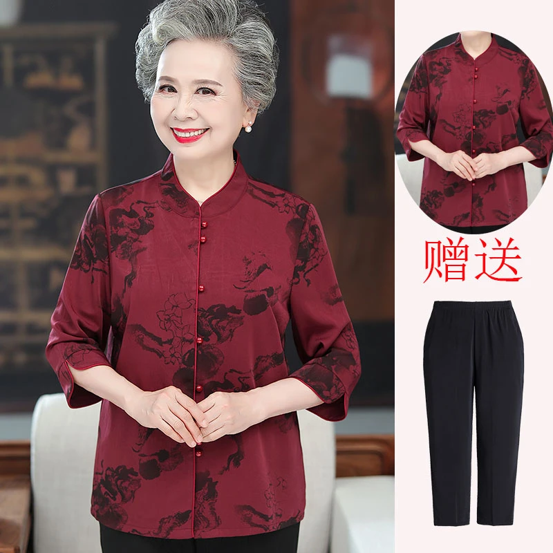 奶奶夏季真丝衬衫上衣中老年妈妈夏装桑蚕丝七分袖老太太衬衣套装