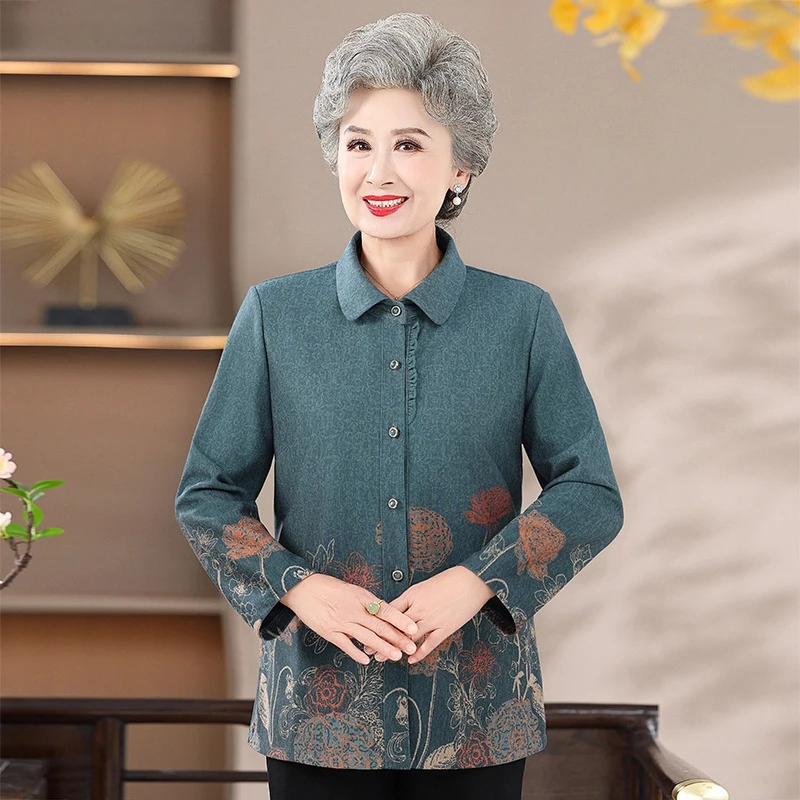 奶装春秋开衫上衣妈妈薄外套衬衣老太太春装长袖衬衫女老人衣服