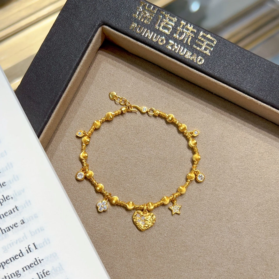 瑞诺黄金爱心手链新款足金999四叶草爆闪猫眼手串时尚礼物送女友