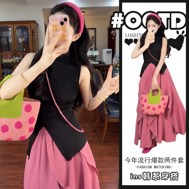 夏装搭配一整套女夏韩系独特别致上衣荷叶边半身裙盐系轻熟两件套