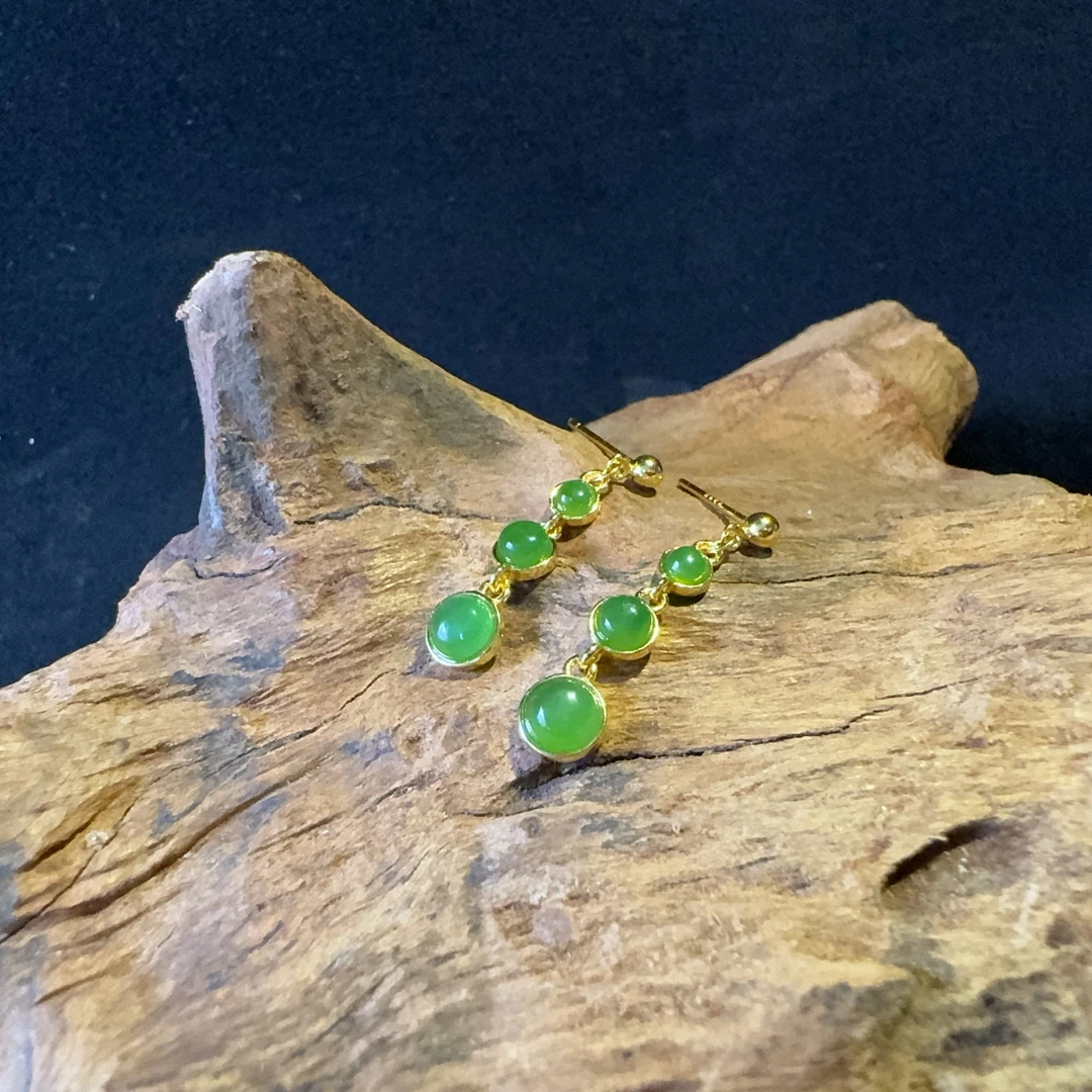 和田碧玉3粒镶嵌耳饰S925银