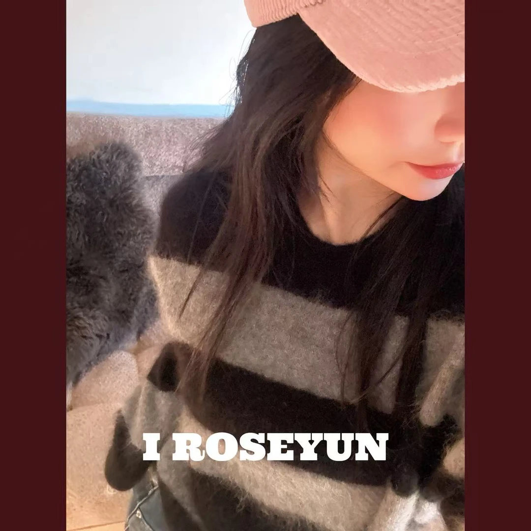 【Rose Yun】100%羊毛拉毛条纹套头针织上衣   JY095086