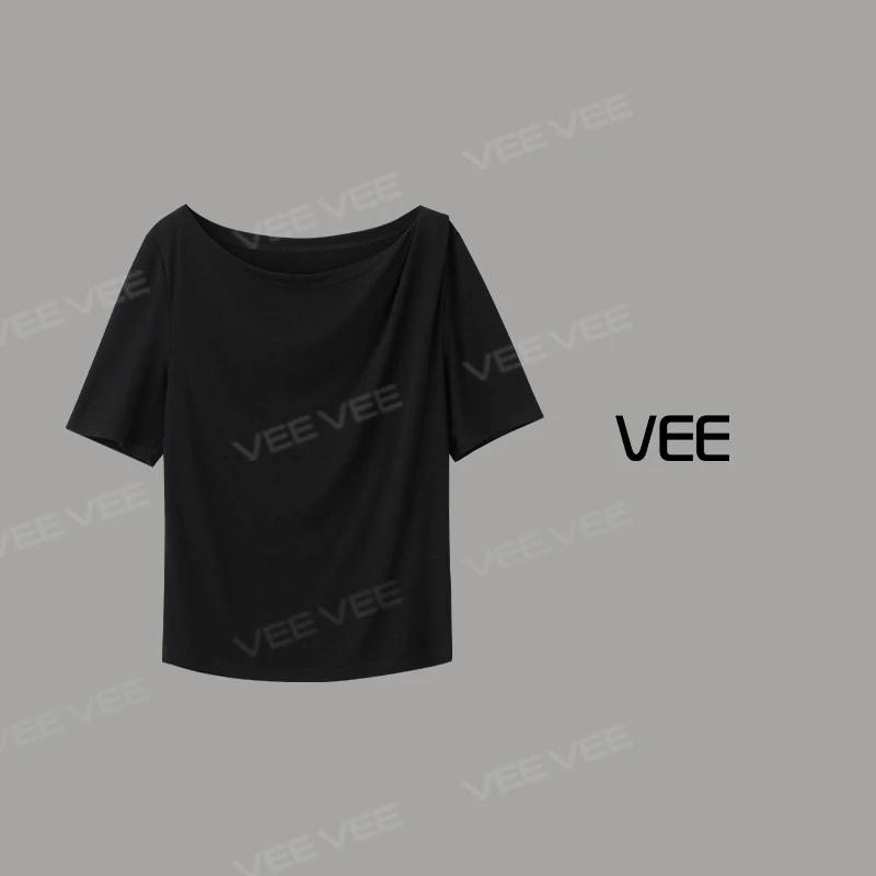 VEE【云间月】时尚休闲百搭法式荡领醋酸天丝短袖T恤