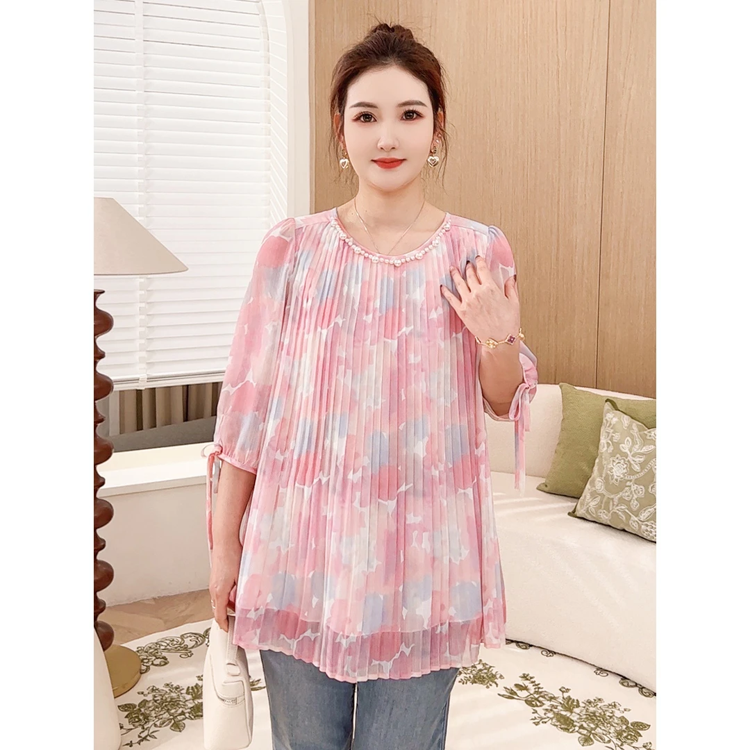 【手工钉珠系带七分袖雪纺衫】MsShe大码女装2025新款春S~E2503038