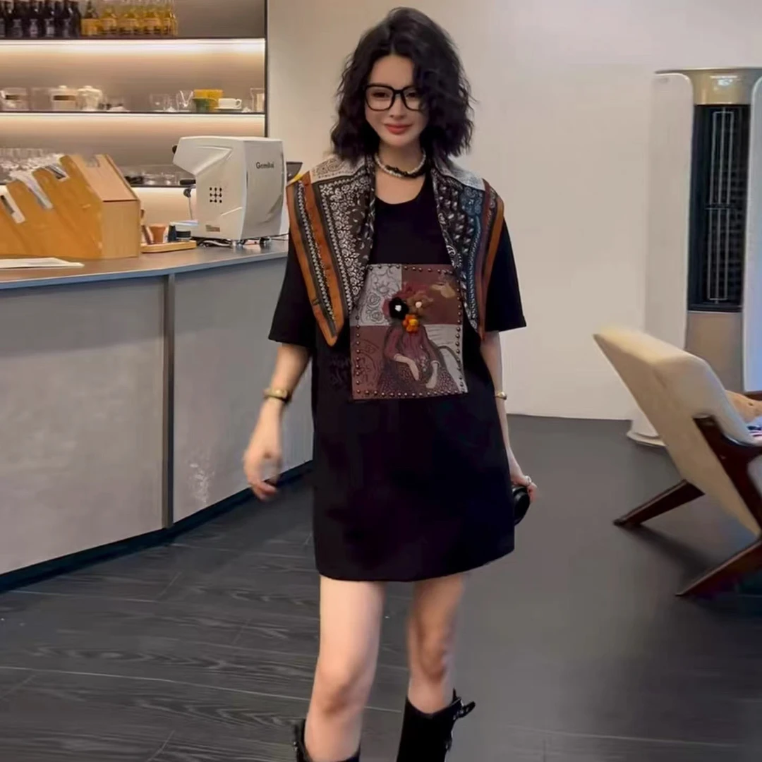 新款时尚百搭显瘦遮肉韩版减龄印花半袖T恤（披肩可拆卸）