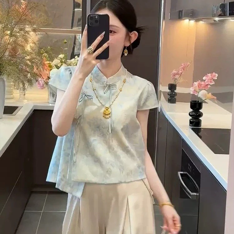斜襟碎花洋气上衣无袖薄款提花民族风女装文艺立领