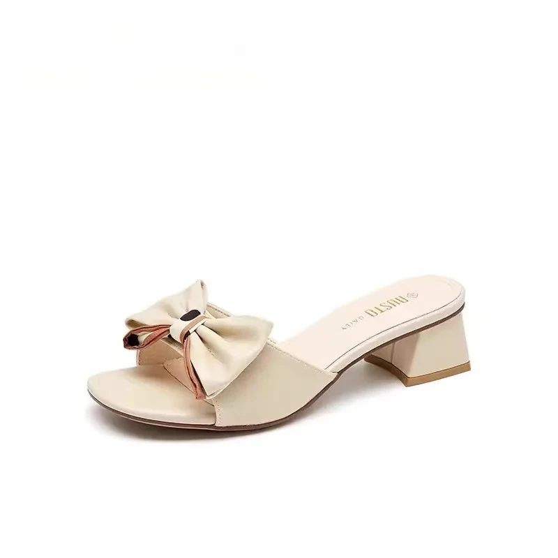 时尚女鞋时尚一字拖夏季新款甜美中跟粗跟凉拖百搭蝴蝶结鞋1007
