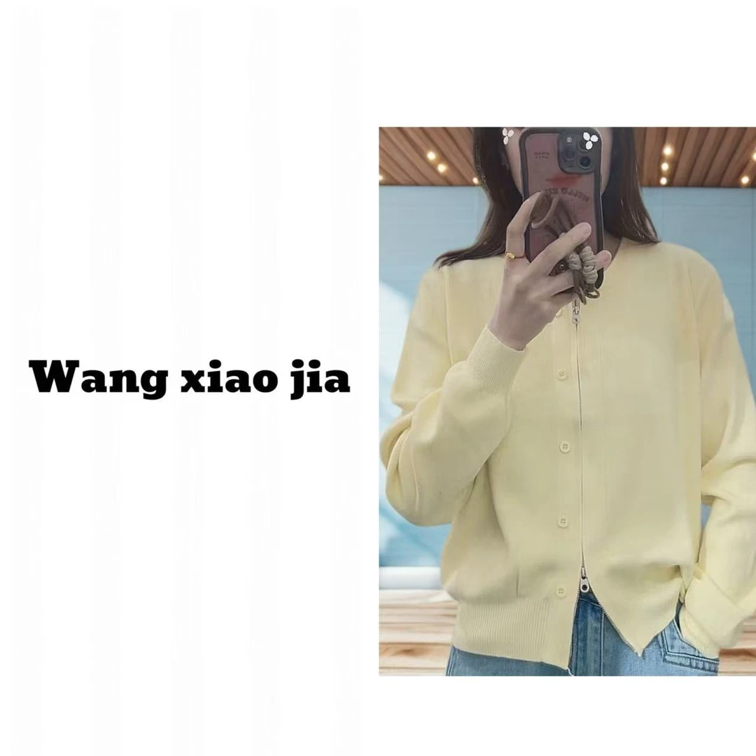 【王晓家】春季新款单排扣短款拉链针织开衫