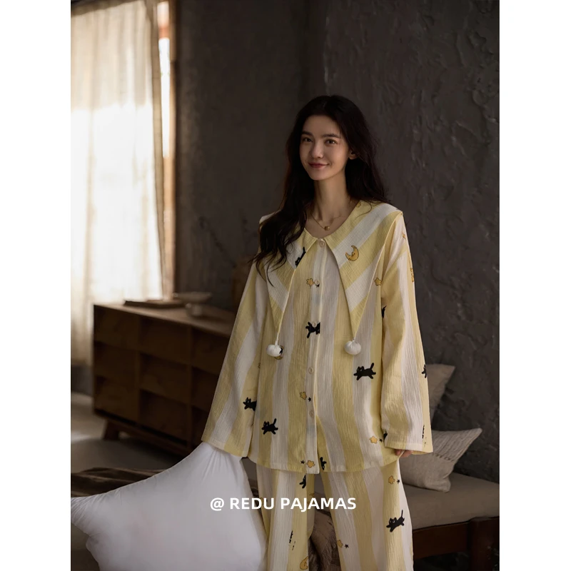 【设计师款】热妒睡衣女春秋纯棉纱布长袖可爱猫咪可外穿家居服套装
