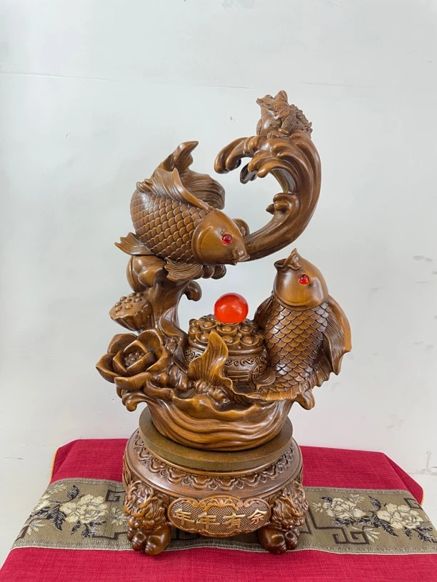 年年有余木纹色双鱼摆件乔迁新居玄关前台开业礼品摆设【20*30cm】