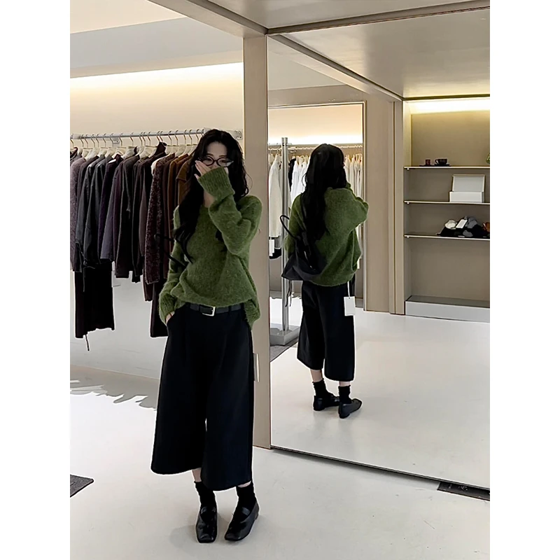 MARIE.COCO绿色圆领宽松长袖针织毛衣女秋季西装七分休闲裤两件套