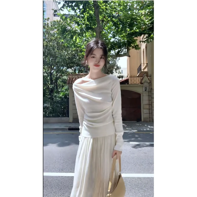 2025春季新款法式时尚设计感性感露肩荡领针织T恤女高腰半身裙