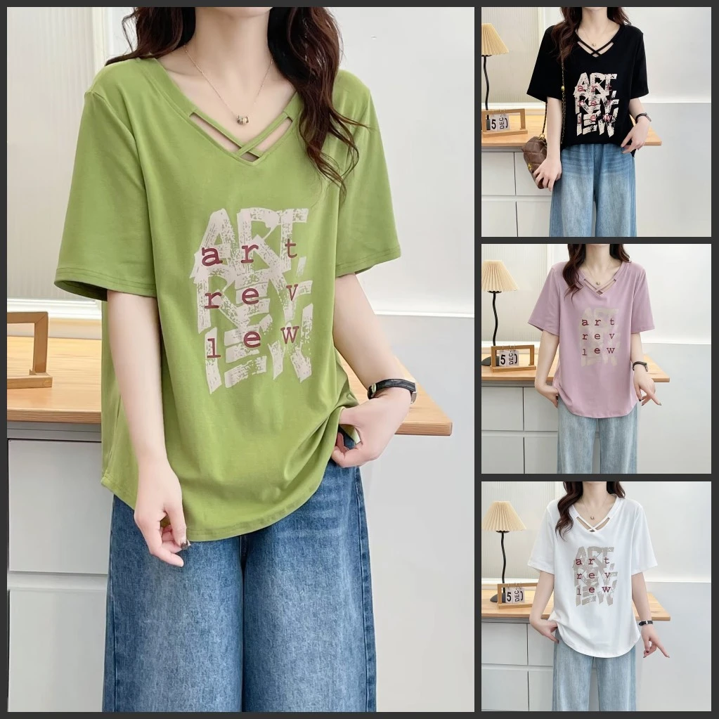 梦冬佳--110-190斤微胖大码女装夏季宽松遮肚子时尚短袖T恤半袖衫