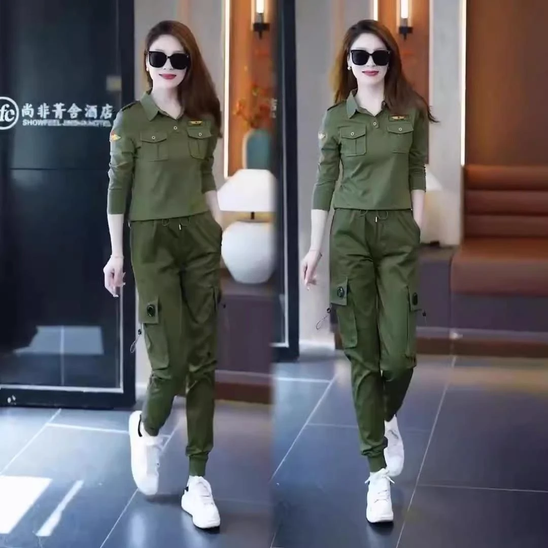 迷彩服套装女春秋新款翻领长袖T恤演出服上衣束脚工装长裤两件套