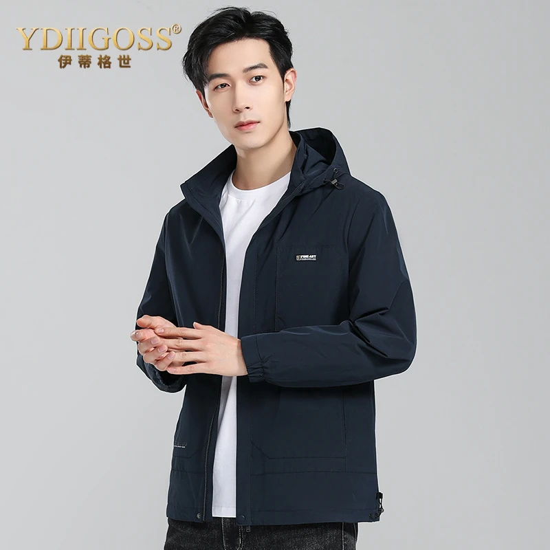 YDIIGOSS休闲夹克男士秋季新款可脱卸帽时尚上衣外套中年商务茄克