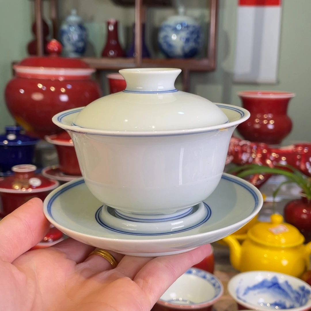 清欢柴窑，素胎三才元宝盖碗150毫升