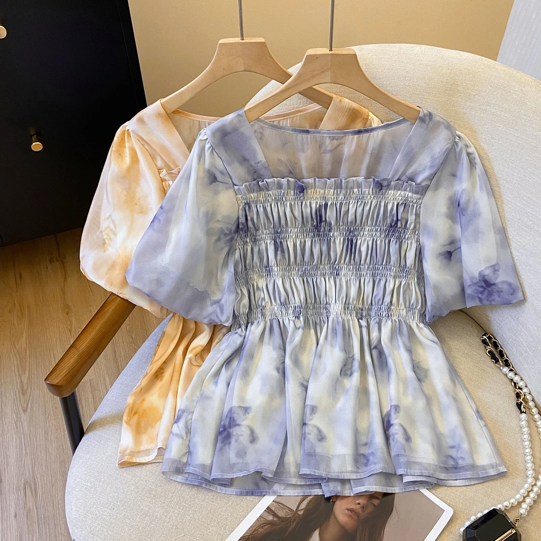 夏装新款大码女装显瘦气质方式方领碎花小衫遮肚微胖mm中长上衣