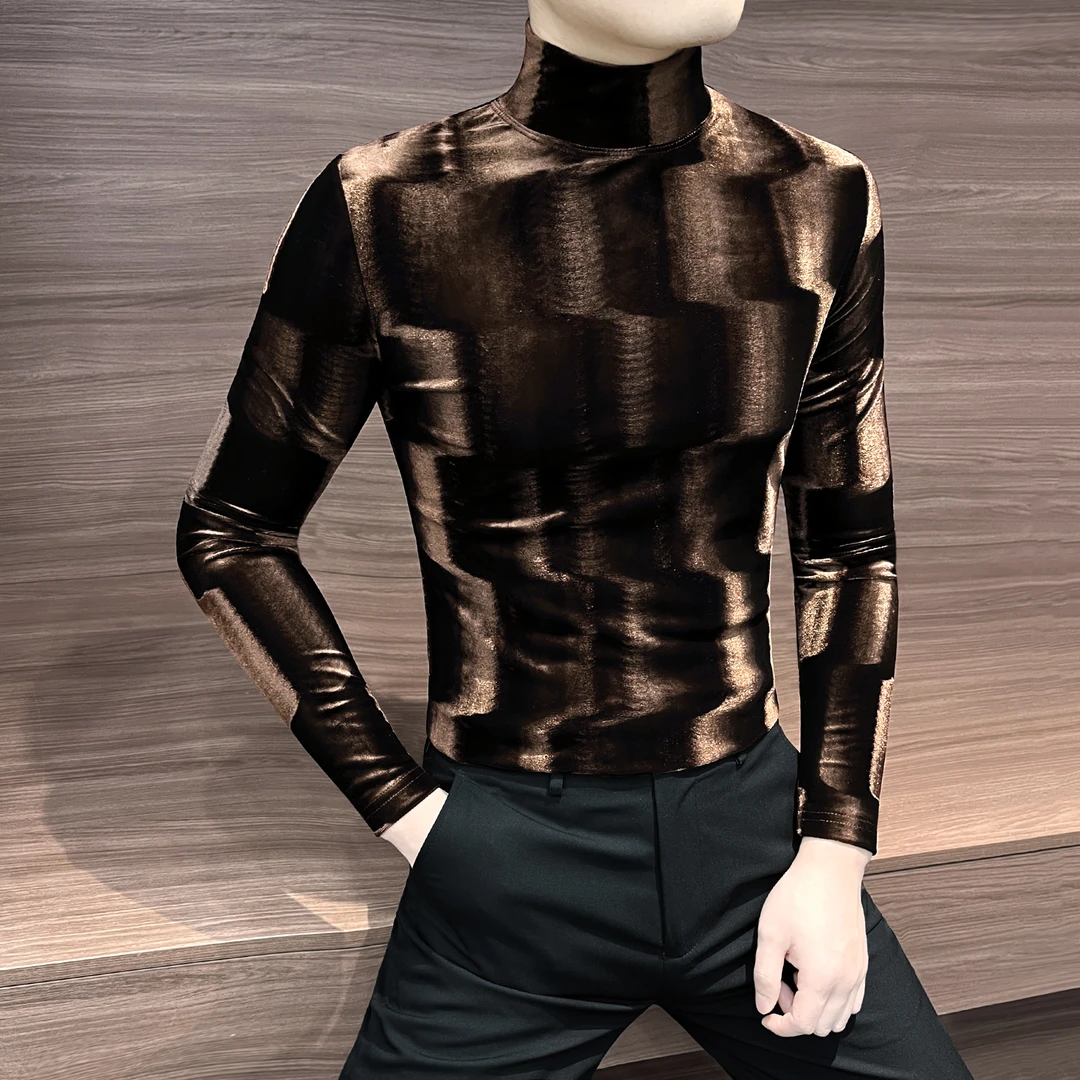 丝绒高领t恤男款爆款2025新款春秋休闲上衣波浪纹男士长袖打底衫