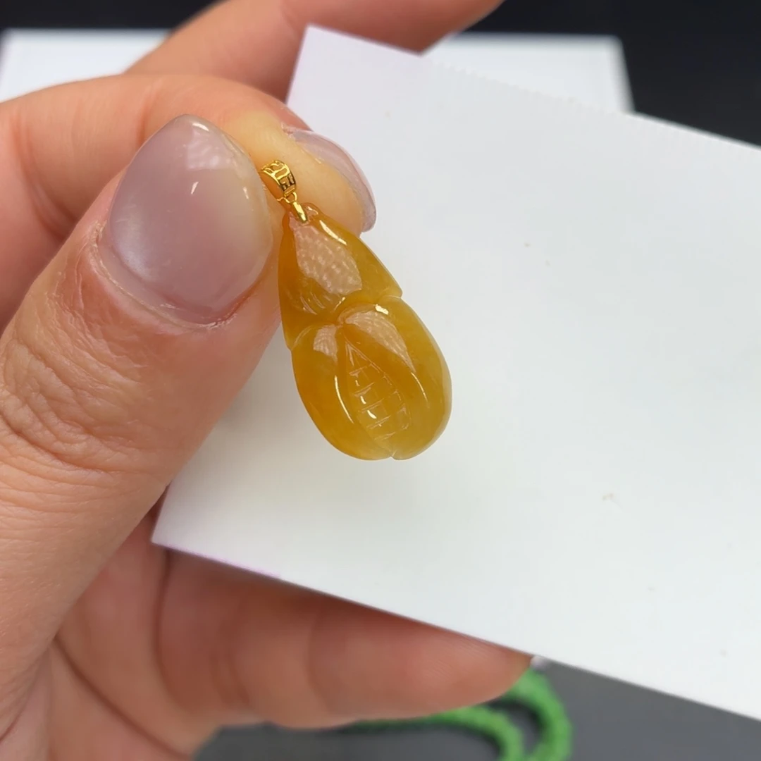 翡翠18K金镶嵌颈饰天然黄无烧蟹钳