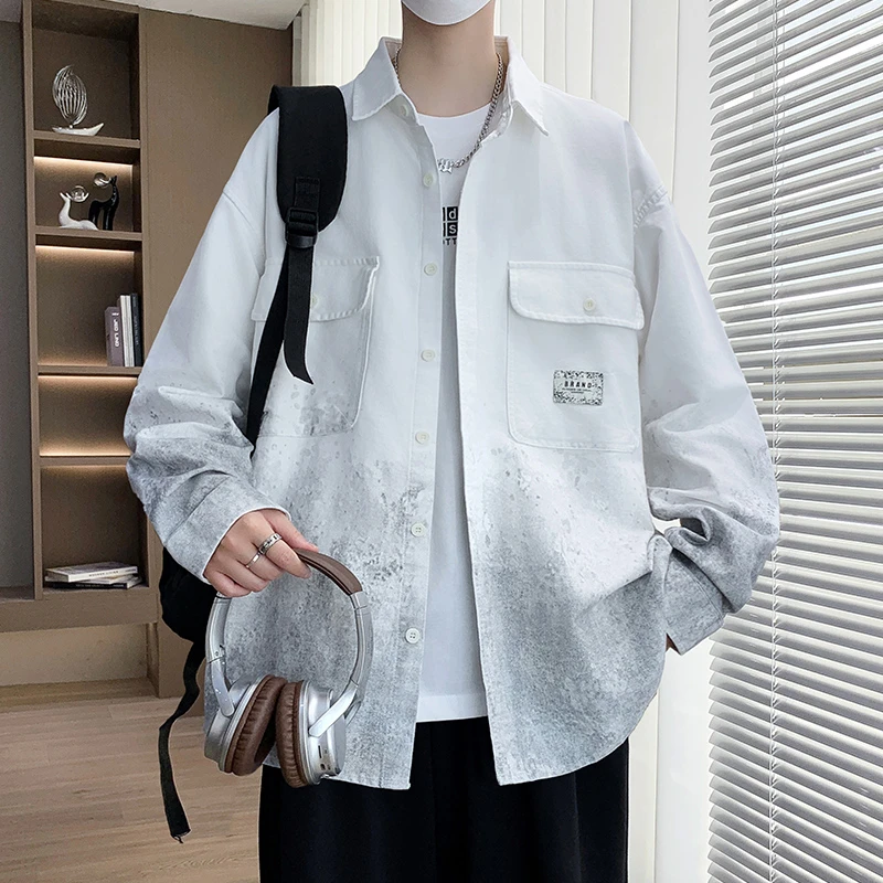 男士牛仔夹克2025秋季新款韩版时尚潮流百搭休闲渐变长袖衬衣外套
