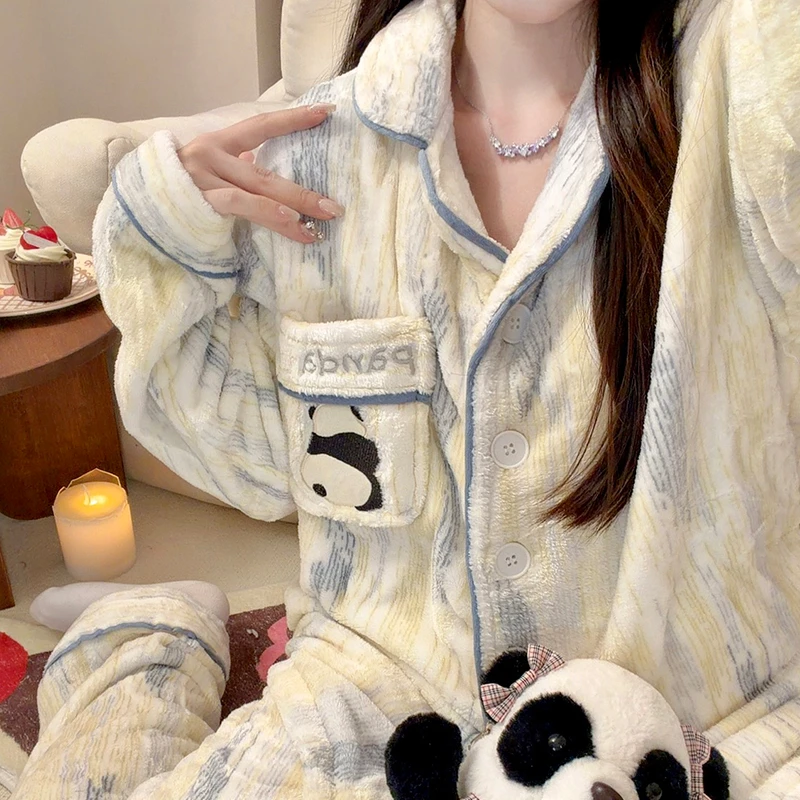 卡通熊猫睡衣女秋冬季长袖长裤韩版甜美加厚保暖法兰绒家居服套装