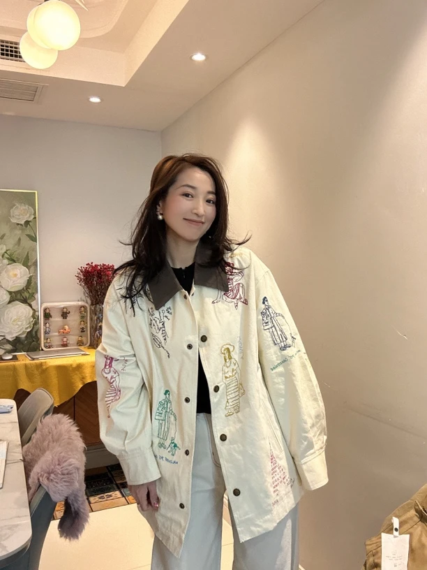 刺绣直下摆长袖短外套复古春季春秋秋季时尚印花韩版绣花百搭