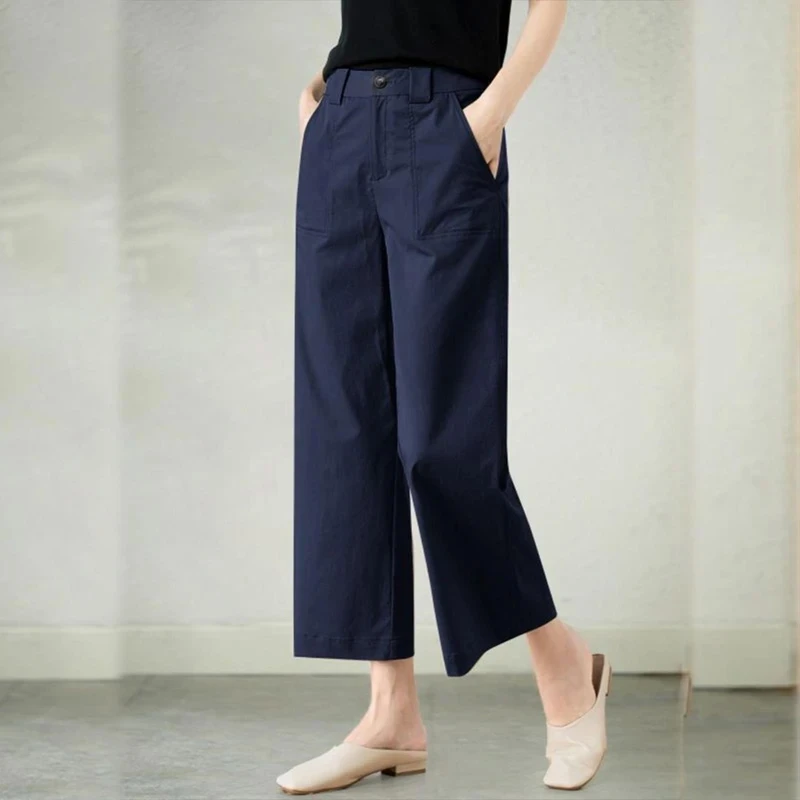 通勤风藏青色高腰时尚休闲裤女2025夏季新款西装裤简约舒适直筒裤