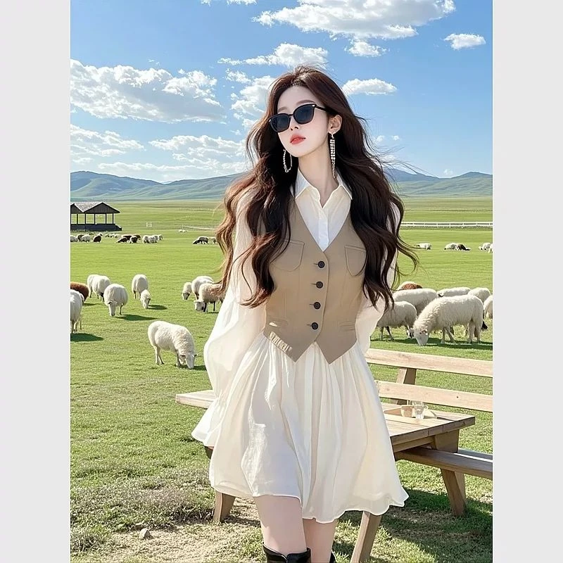 AMI.FS  2025春装新款法式高级感气质千金感白色假两件连衣短裙女