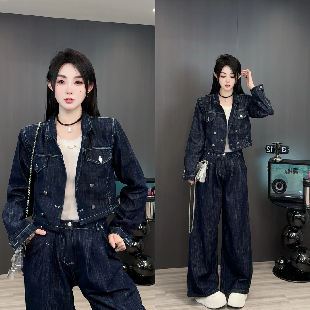 复古设计牛仔套装女春秋2025新款高级感ootd短款外套阔腿裤两件套