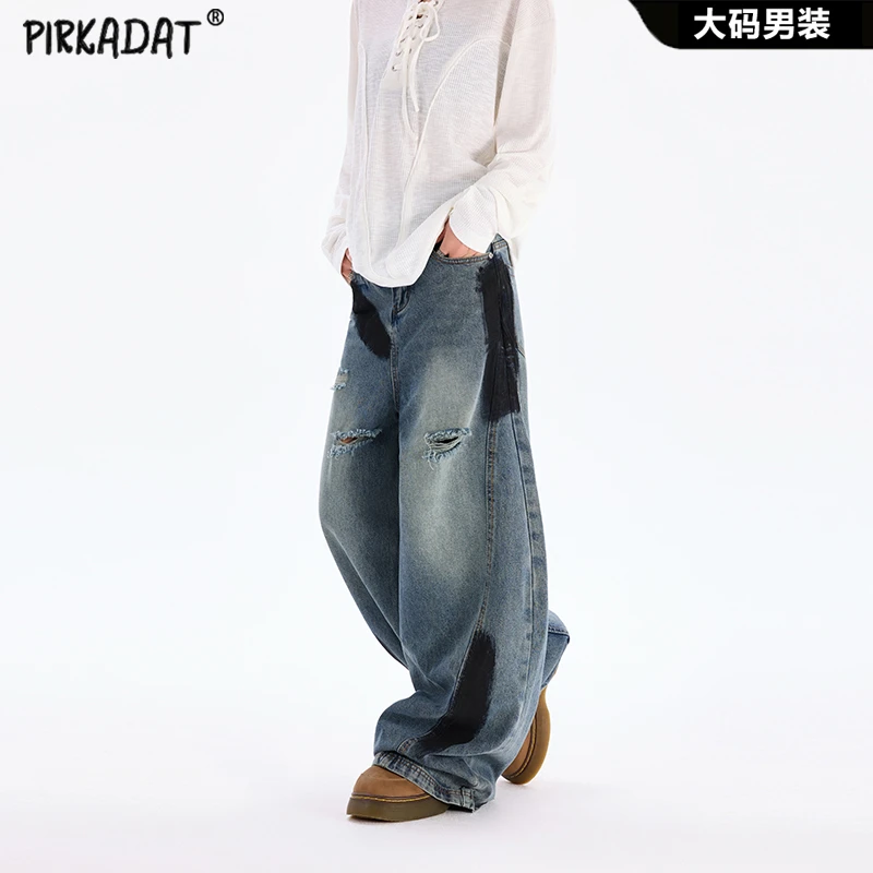 Pirkadat弯刀阔腿拼接解构破洞喷绘做旧牛仔裤男士宽松垂感长裤