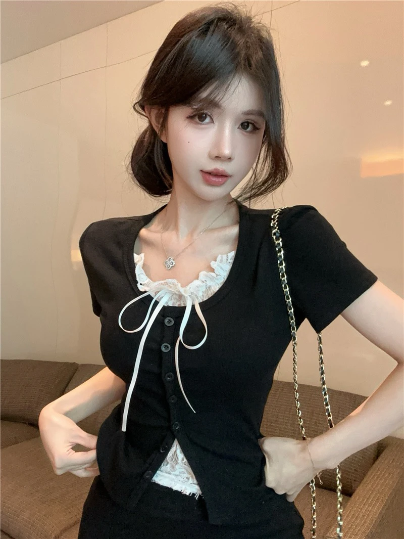 浠儿姐姐纯欲bm风假两件短袖T恤打底衫女夏季高级感拼接蕾丝上衣