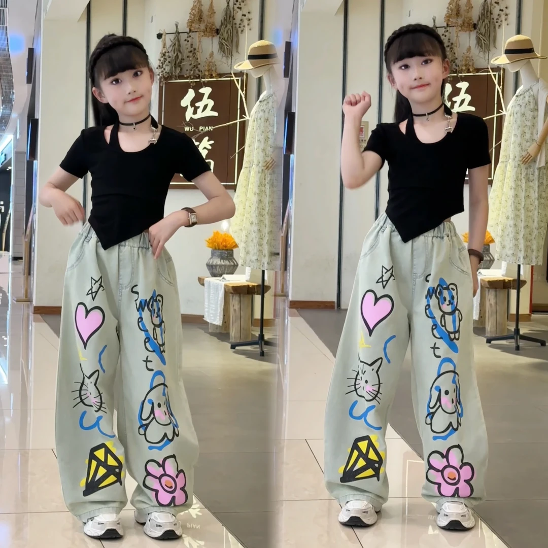 【涂鸦潮牌套装】2025薄款夏季牛仔裤女童阔腿裤外穿宽松韩系两件