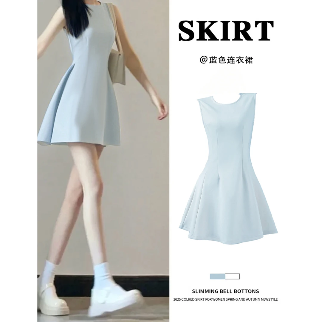 蓝色无袖连衣裙女2025初夏日赫本风小个子a字收腰小裙子穿搭短裙