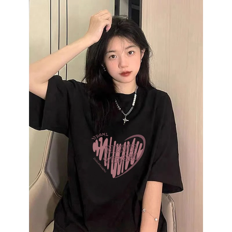 100%纯棉美式休闲风黑色短袖T恤上女复古小众爱心设计感ins上衣
