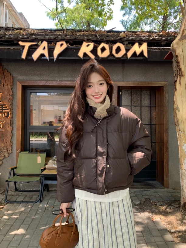 8805新款棉服美拉德复古百搭pu皮翻领外套