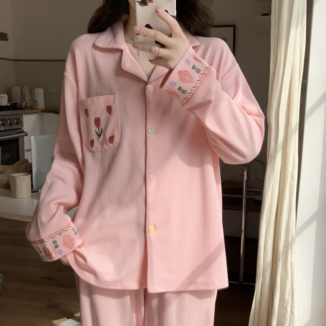 睡衣女款春秋季2025新款轻奢高级感针织棉薄款长袖宽松家居服套装