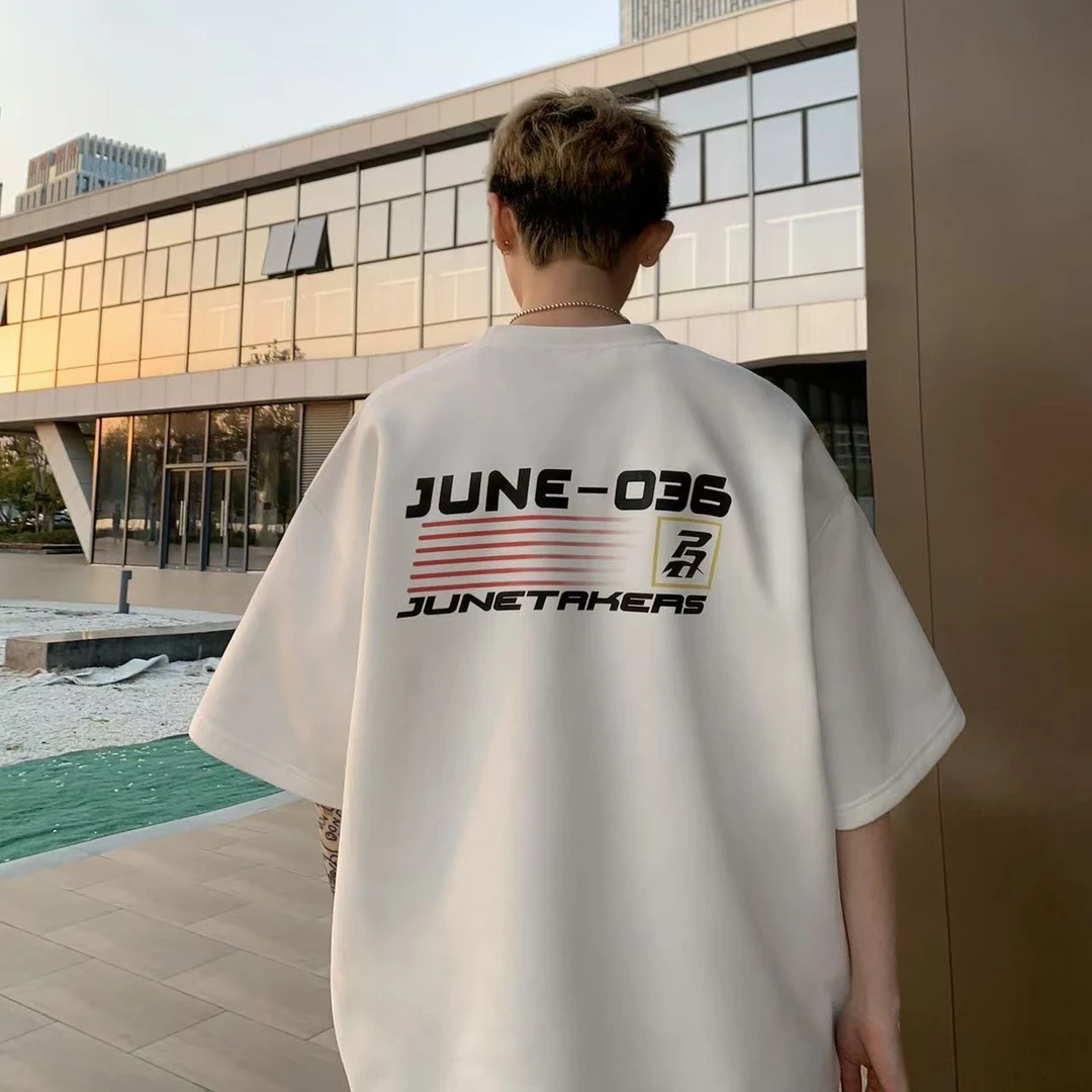 美式t恤网红宽松大码复古潮牌ins圆领百搭休闲落肩款字母印花短袖