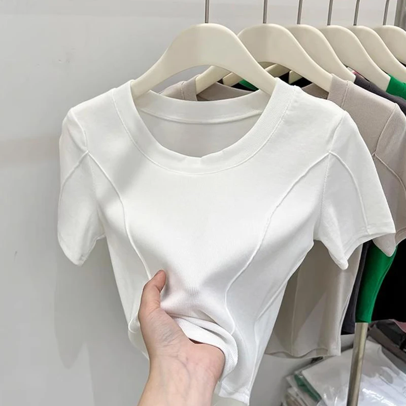 韩版潮流ins短袖t恤女正肩2025夏季新款小众洋气百搭修身显瘦上衣