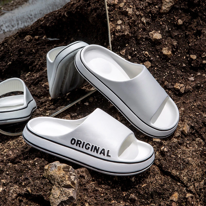 如沐丽夏季浴室踩屎感新款家居防滑凉拖鞋男士宿舍厚底字母拖鞋女