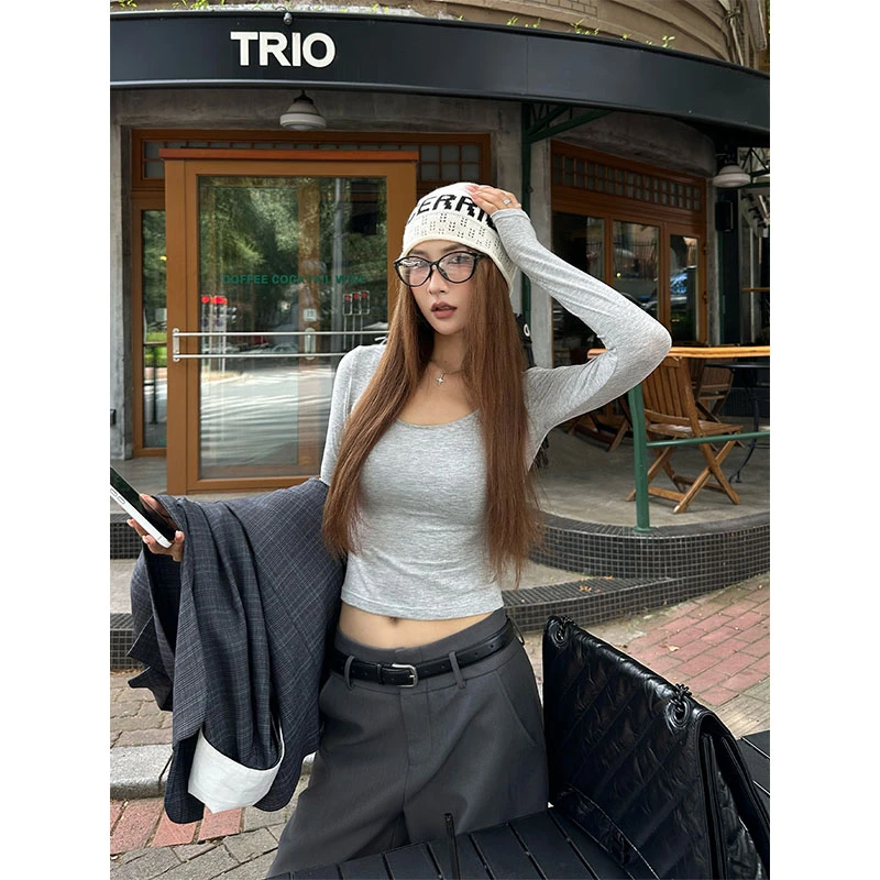 美式复古辣妹V领灰色正肩长袖t恤女秋季2025新款垂感西装裤两件套