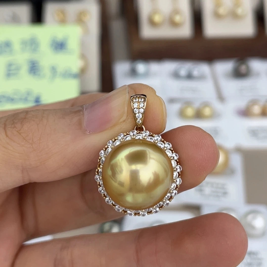 颈饰银S925镶嵌海水珍珠金珠14-15
