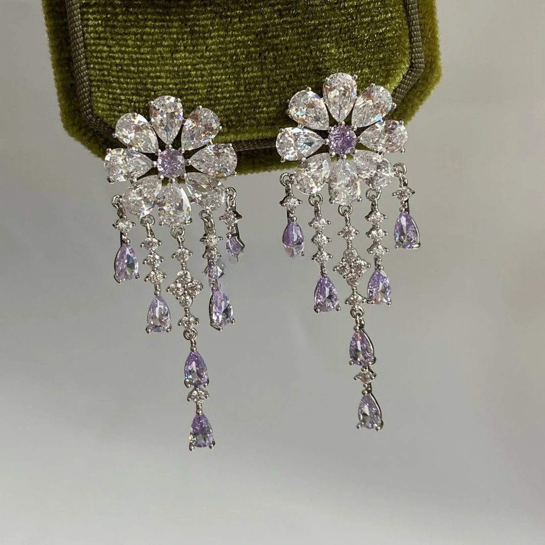 合金锆石耳饰 淡紫色浪漫花朵水滴流苏耳环镶钻锆石耳钉耳夹耳饰