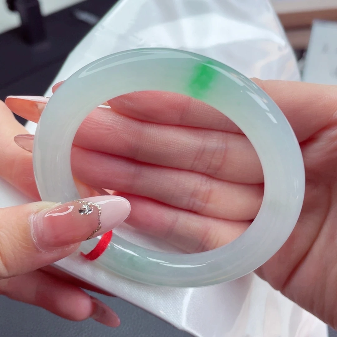 未镶嵌手镯翡翠53.9糯冰白底青 惊破一瓯春 精致镯 22号