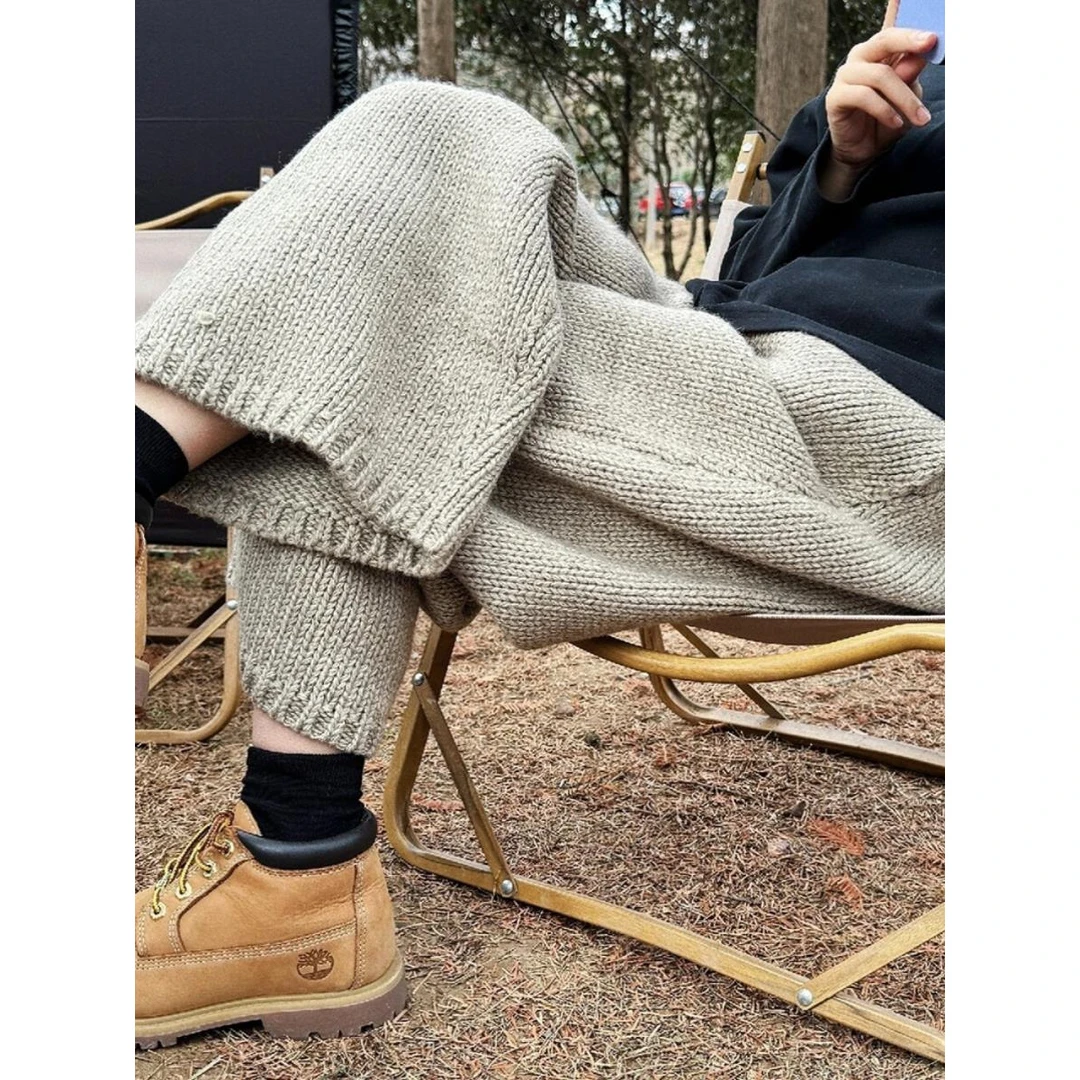 显身材！质感绝绝子！高腰浅灰色针织休闲裤女慵懒风厚实阔腿裤秋冬