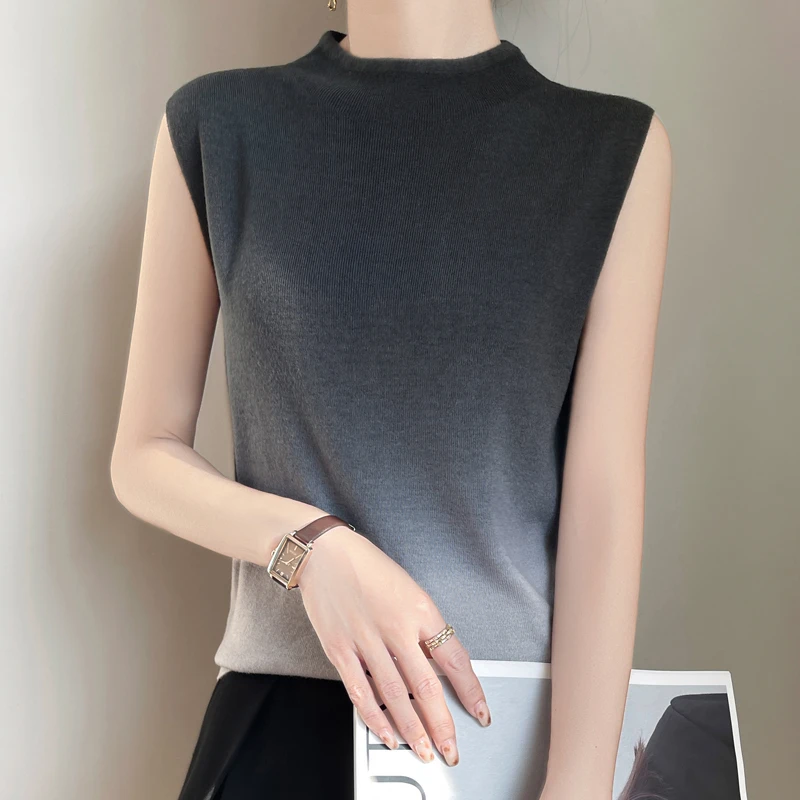 半高领女士针织背心渐变色宽松套头打底春季新款上衣